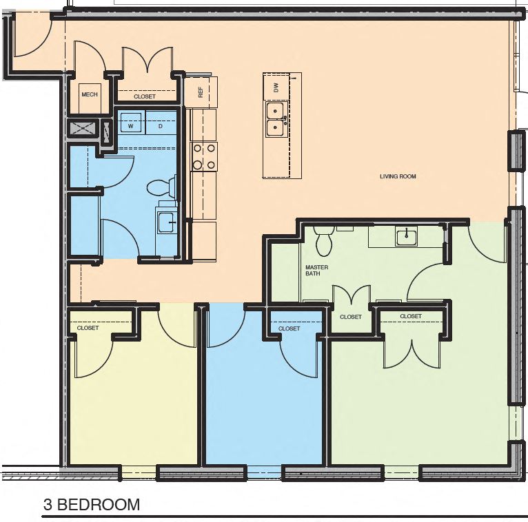 Floor plan for 3 beds, 2 baths, 1260 sqft